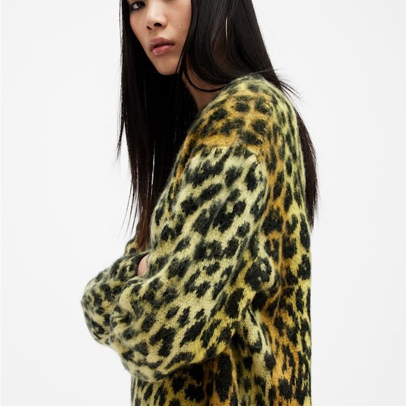 Lex Leopard Print Crewneck Sweater In Electric Yellow All Saints - Picture 4 of 5